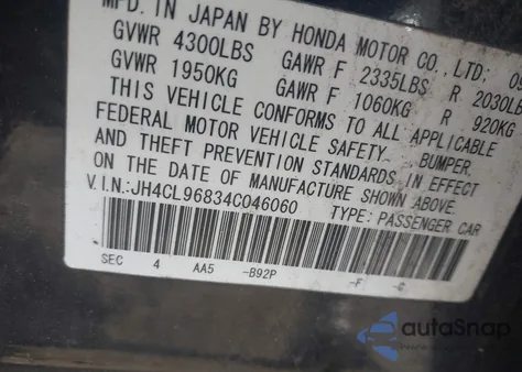 2004 Acura Tsx z USA, uszkodzony, nr VIN JH4CL96834C046060